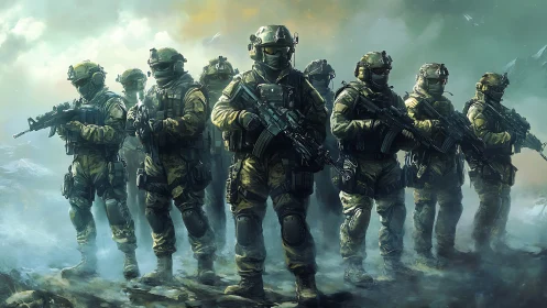 Modern infantry squad in tactical formation, misty tundra