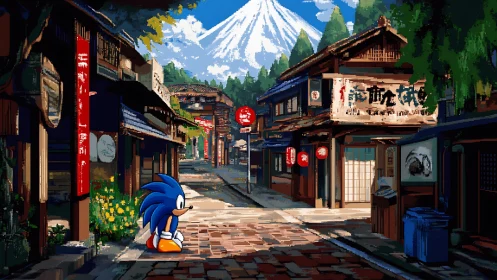 Pixelated blue hedgehog in quiet Japanese street scene.