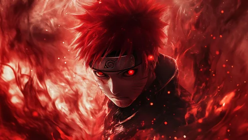 Red haired anime warrior emerges from swirling red flames