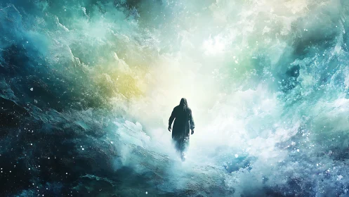 Solitary robed figure traversing luminous cosmic maelstrom.