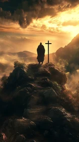 Golden mountain summit welcomes a lone pilgrim in quiet awe