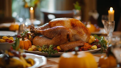Golden holiday turkey surrounded by cozy candlelit warmth.