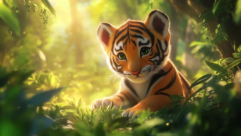 Digital tiger cub in soft forest light, frontal view profile.