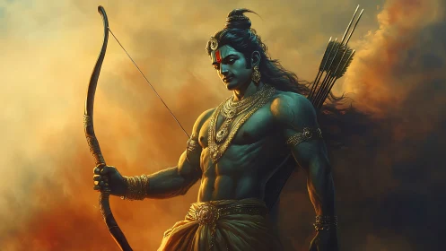 Stormlit archer-god studies his bow in molten dusk air