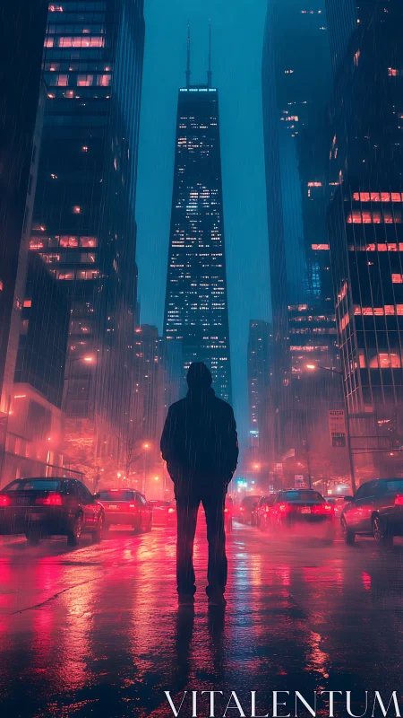 Lone figure studies neon city street under heavy rain