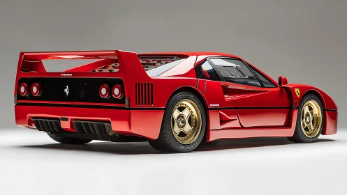 Red mid engine sports car with rear wing in studio profile.