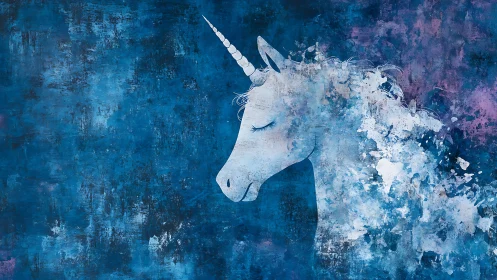 Ethereal blue unicorn portrait in textured abstract field.