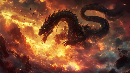 Infernal dragon coils through burning storm-scorched sky.