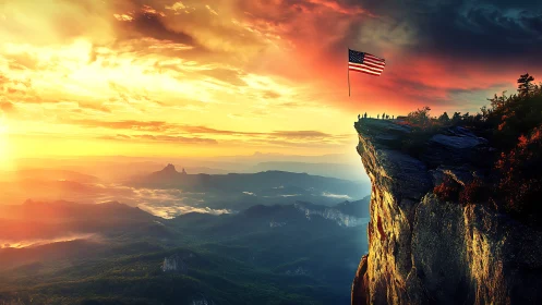 Summit of embers: flag and hikers crowned by molten sky.