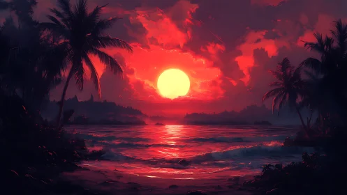 Crimson tropical sunset over palm-lined ocean horizon.