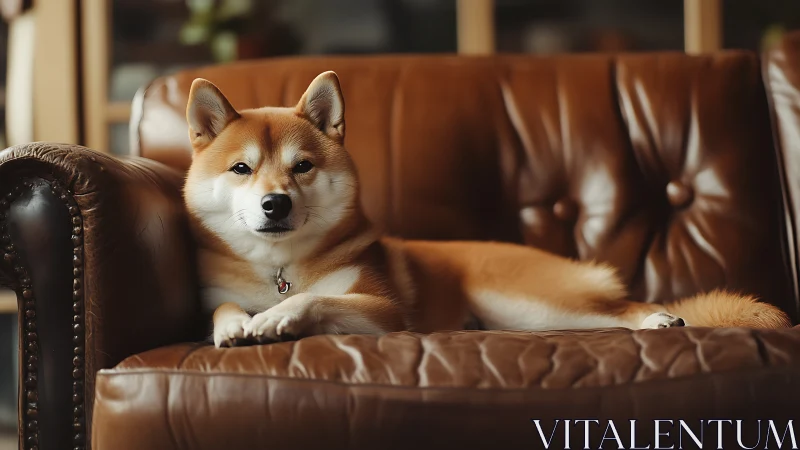 Shiba Inu calmly resting on worn brown leather sofa.