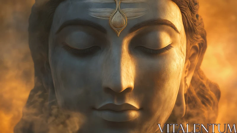 Serene stone deity face in warm golden mist close-up.