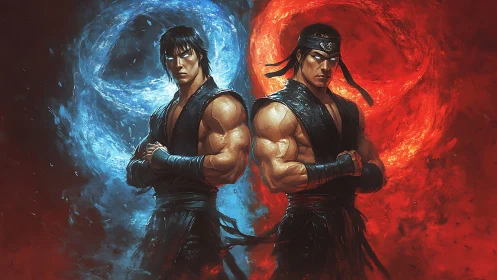 Twin martial artists stand before blue and red energy circles