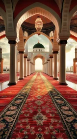 Interior colonnade of mosque with dome and red carpeted hall.