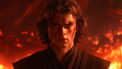 Scorched warrior gazes through embers of rising fury.