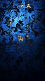 Dark blue floral wallpaper with gold ornamental swirls.