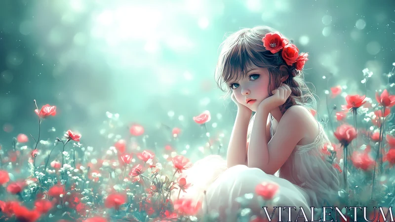Dreamlike girl rests in glowing poppy flower meadow.