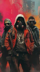 Postapocalyptic gasmask squad advances through toxic ruins.