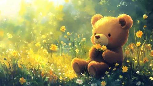 Softly lit teddy bear in wildflower meadow digital painting