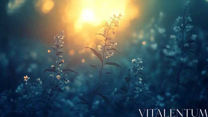 Wildflower silhouettes catch low sun through cool dusk haze