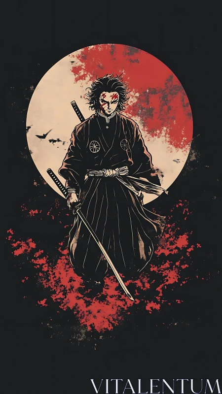 Lone samurai strides calmly beneath a bold red moon.