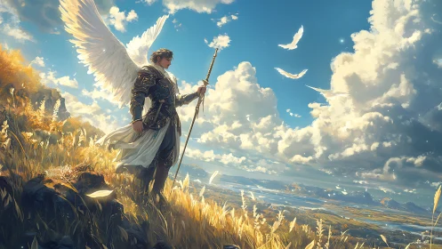 Winged guardian pauses on a sunlit ridge between worlds