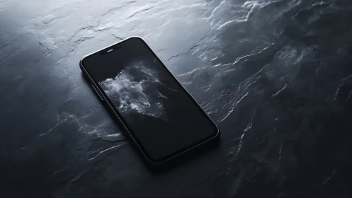 Minimalist smartphone with abstract splash screen on stone.