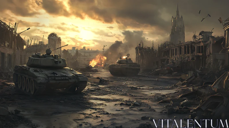 Military tanks in ruined urban street under cloudy sky.