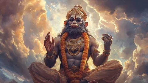Divine Hanuman sits in radiant clouds of devotion and power