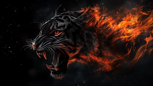 Fiery tiger roar blazing through darkness and ember sparks.