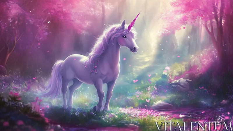 White unicorn stands in glowing pink enchanted forest scene.