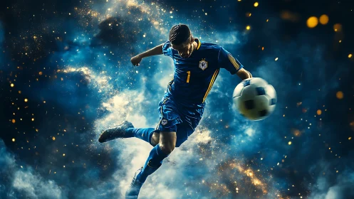 Photorealistic cosmic soccer striker in dynamic mid‑air motion.