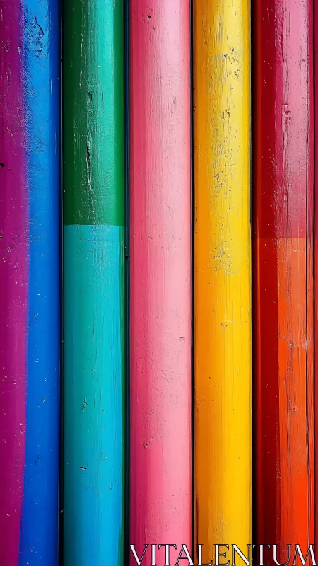 Vertical row of brightly painted wooden poles in rainbow colors.