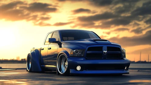 Bold blue pickup truck glowing under a calm sunset sky.