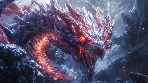 Crystalline fire dragon emerging in a stormy rocky abyss.