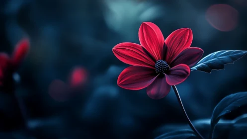 Red Cosmos Flower Against Deep Teal Background.
