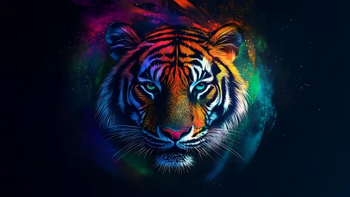 Multicolored tiger head on dark background in digital art.