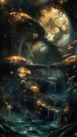 Bioluminescent mushroom forest with cascading emerald waterfalls.