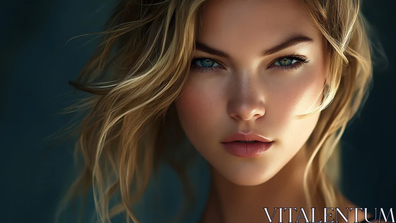 Calm blue eyed portrait with sunlit windswept hair.