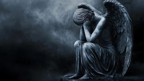 Melancholic stone angel kneels in chiaroscuro storm light