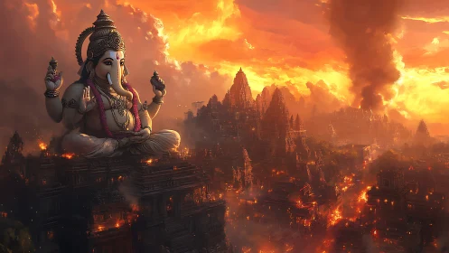 Colossal Ganesha overlooking burning temple metropolis at dusk.