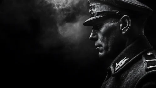 Stoic military officer stands in drifting monochrome smoke