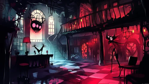 Dim interior hall with stylized figure and red lighting.