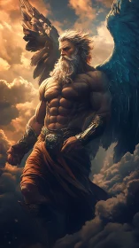 Storm-worn archangel strolls through molten evening clouds