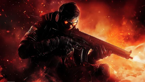 Tactical soldier aims rifle amid explosive fiery battlefield