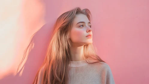 Soft pink portrait with golden hour side lighting glow.