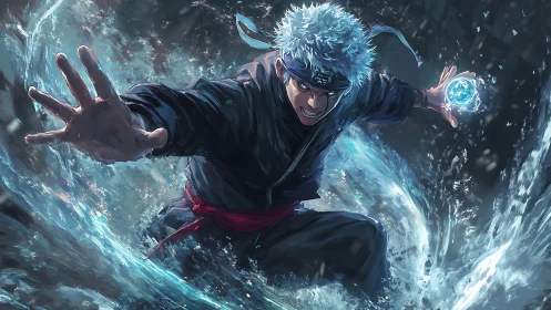 Elemental warrior unleashing swirling water energy burst.