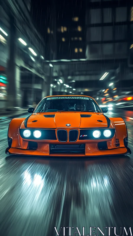 Widebody orange BMW race car at speed on wet neon city street