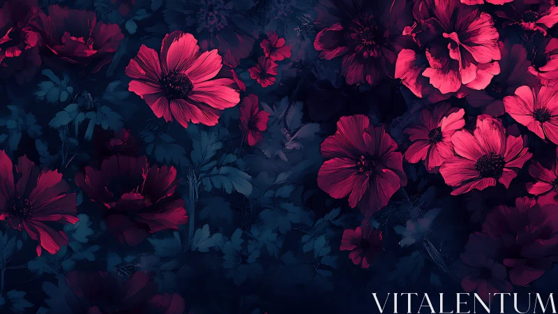 Luminous Cosmos: Neon Pink Flowers in Midnight Garden