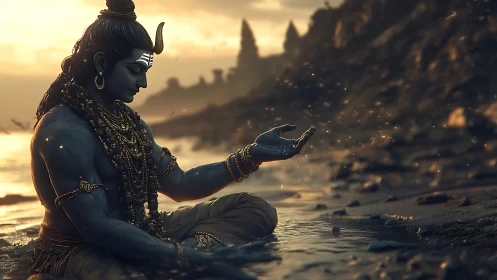 Sunlit shoreline deity in meditative pose with volumetric particles